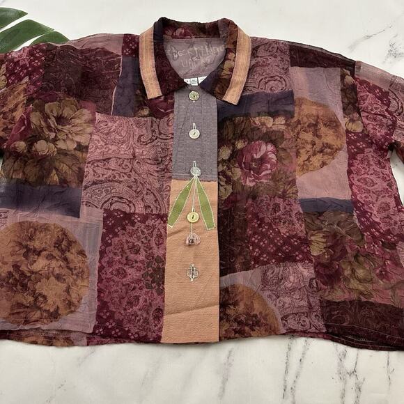Everything Works Donna Jessica Blouse Top Size 1 S Purple Mixed Floral Patchwork - Picture 5 of 11